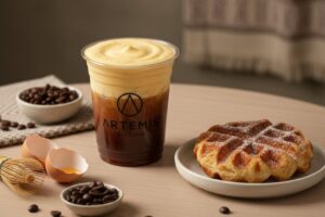 Artemis Coffee with waffle and coffee beans